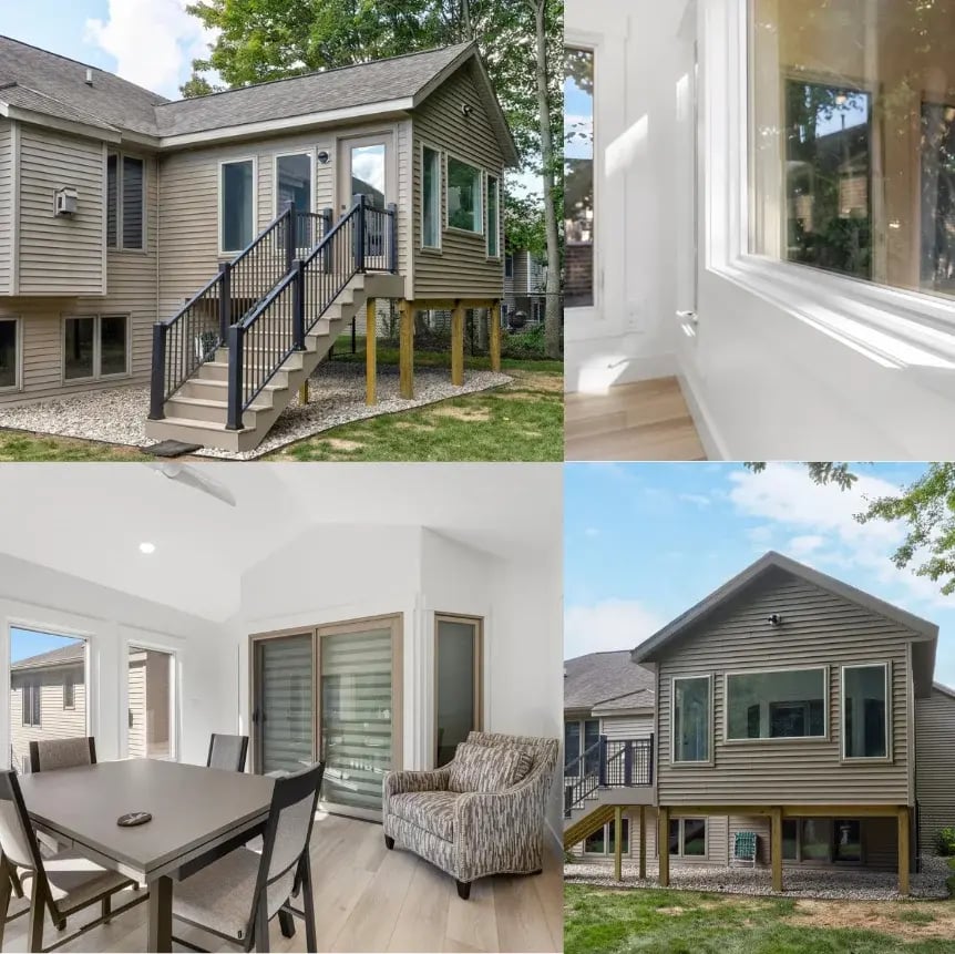 Collage showing 4 pictures of a completed four-season addition