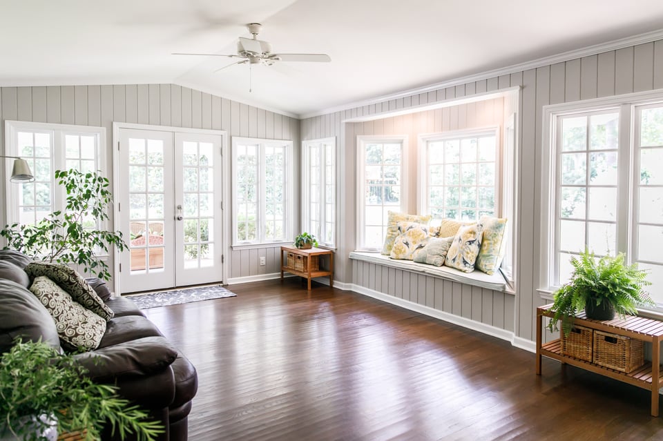 shiplap interior home addition with window seat and french doors